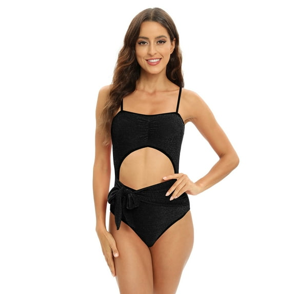 Baywell Shiny One Piece Swimsuits for Women Tummy Control Cutout Bathing Suit Waist Tie Front 1 Piece Swimsuit Adjustable Straps Square Neck Swimwear S-2XL