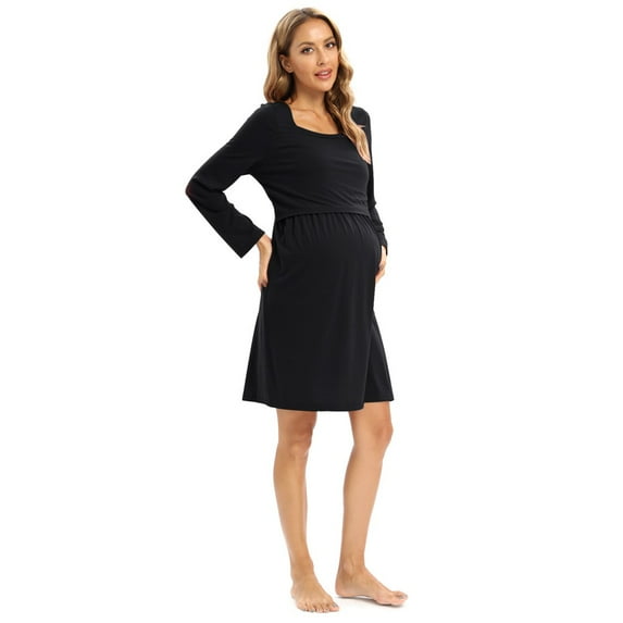 Baywell Solid Color Maternity Dress, Pregnant Long Sleeve Labor Delivery Nursing Hospital Gowns Black US 14