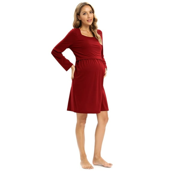 Baywell Solid Color Maternity Dress, Pregnant Long Sleeve Labor Delivery Nursing Hospital Gowns Red US 16