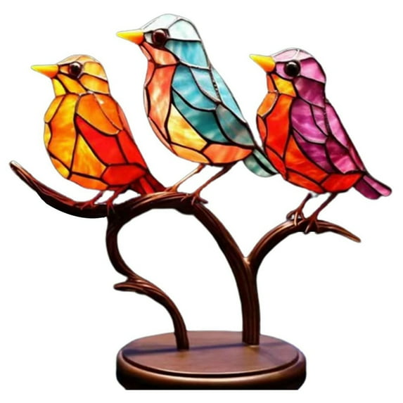 Baywell Stained Glass Birds on Branch Desktop Ornaments, Bird Statue Ornaments Desktop Metal Bird Figurine For Home Decor, Gifts for Bird Lovers