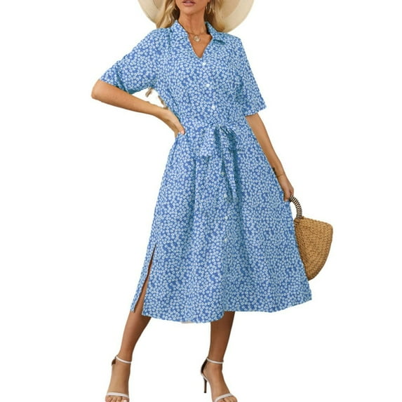 Baywell Summer Dresses for Women UK Polka Dot Midi Short Sleeve Dress Button Down A Line Shirt Dress Boho Style Beach Sundress V Neck Tie Waist Swing Flowy Dress