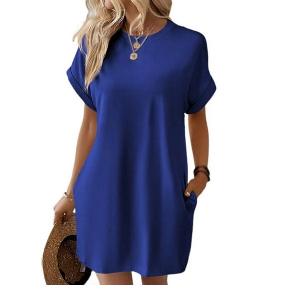 Baywell Summer and Autumn Women's Solid Color Round Neck Loose Short Sleeved Pocket Dress, Casual and Simple with Temperament, Mid Length Skirt
