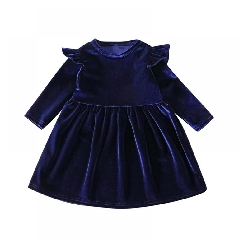 Baywell Toddler Girls Winter Velvet Dress Pageant Christmas Party Ball Gown Ruffle Long Sleeve Wedding Evening Dresses Dark Blue 6M 5Y