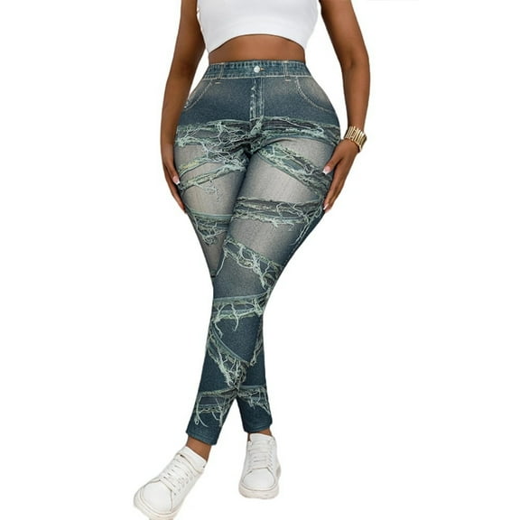Baywell Walmart Plus Size Faux Denim Printed Tight Leggings - High Waist, Butt Lifting & Slimming, Multi-Color & Multi-Size (XL-4XL) Stretchy Comfortable Pants