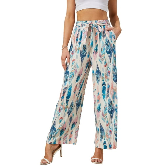 Baywell Wide Leg Printed Pants for Women with Pockets Elastic Waist Business Causal Loose Pants Summer for Beach Travel Vacation Trousers,S-XXL