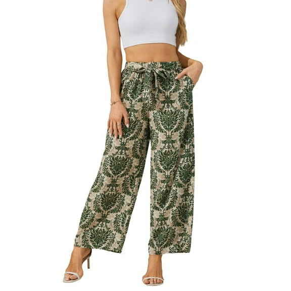 Baywell Wide Leg Printed Pants for Women with Pockets Elastic Waist Business Causal Loose Pants Summer for Beach Travel Vacation Trousers,S-XXL