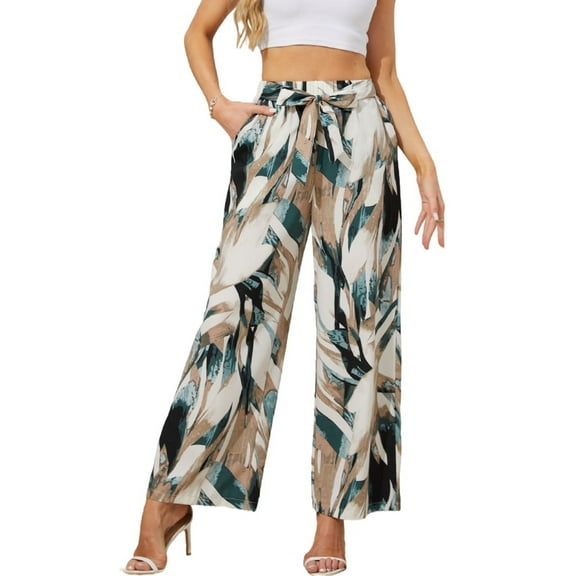 Baywell Wide Leg Printed Pants for Women with Pockets Elastic Waist Business Causal Loose Pants Summer for Beach Travel Vacation Trousers,S-XXL