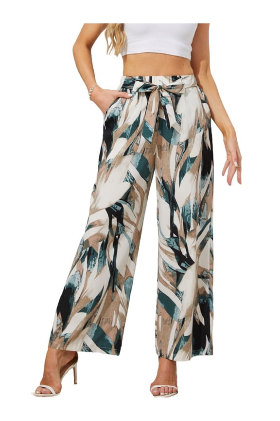 Wide Leg Printed Pants for Women with Pockets Elastic Waist Business Causal Loose Pants Summer for Beach Travel Vacation Trousers,S-XXL