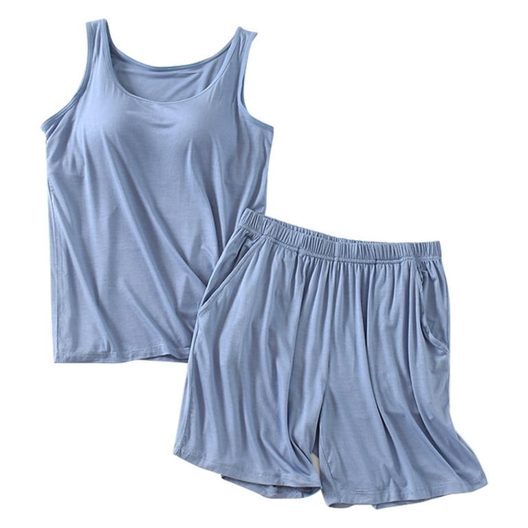 Baywell Women Girls Modal Cami Pajamas Set Sleeveless Sleepwear Tank Top  with Built in Bras+Shorts 2 Piece Soft Pjs Loungwear Set, Non-removable Pad  