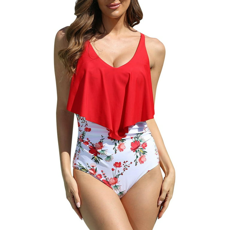 Baywell Women One Piece Deep V Neck Swimsuits Ruffles Back Summer Bikini  Swimwear Beachwear Floral Bodysuit
