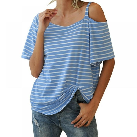 Baywell Women Short Sleeve Striped T-Shirt Diagonal Neck Wide Knot Summer Top Tee