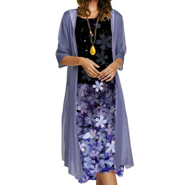 Baywell Women's 2 Piece Floral Print Sleeveless Dress with Chiffon Cardigan Elegant Flowy Maxi Dresses Set for Wedding Guest Formal Casual S-3XL