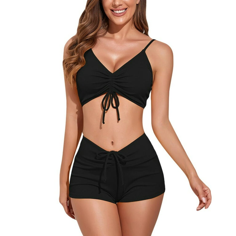 Baywell Women's 2 Piece Spaghetti Strap Bathing Suits Top with Drawstring  Shorts Bikini Set, Black, L