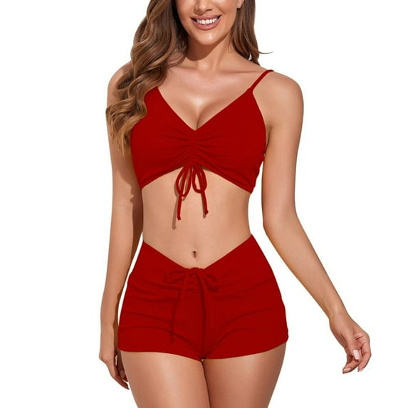 Baywell Women's 2 Piece Spaghetti Strap Bathing Suits Top with Drawstring Shorts Bikini Set, Red, XL
