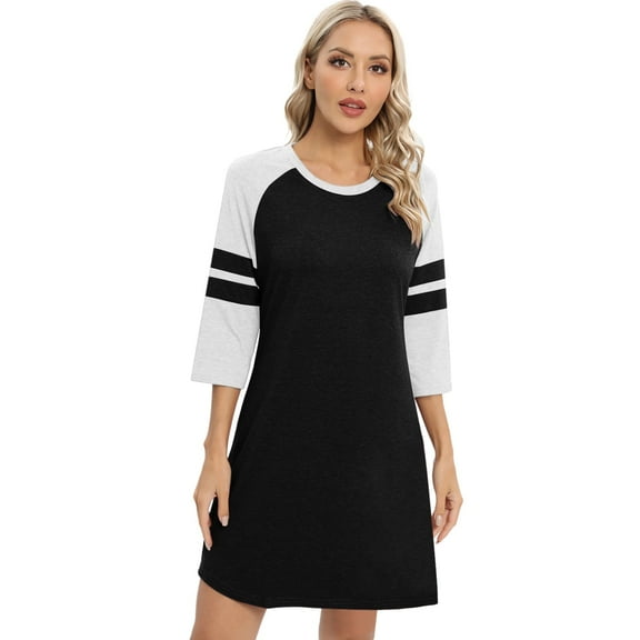 Baywell Women's 3/4 Sleeve Nightgown Sleepwear Color Block Crewneck Nightshirt Above Knee-Length Nightdress Soft Comfy Tee Sleepshirt Loungewear, S-3XL
