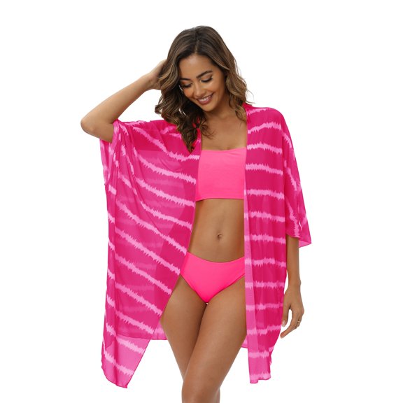 Baywell Women's 3 Piece Swimsuit Strapless Ribbed Bandeau Bikini Set with Striped Kimono Chiffon Cardigans Cover Up Three Piece Bathing Suits XS-XL