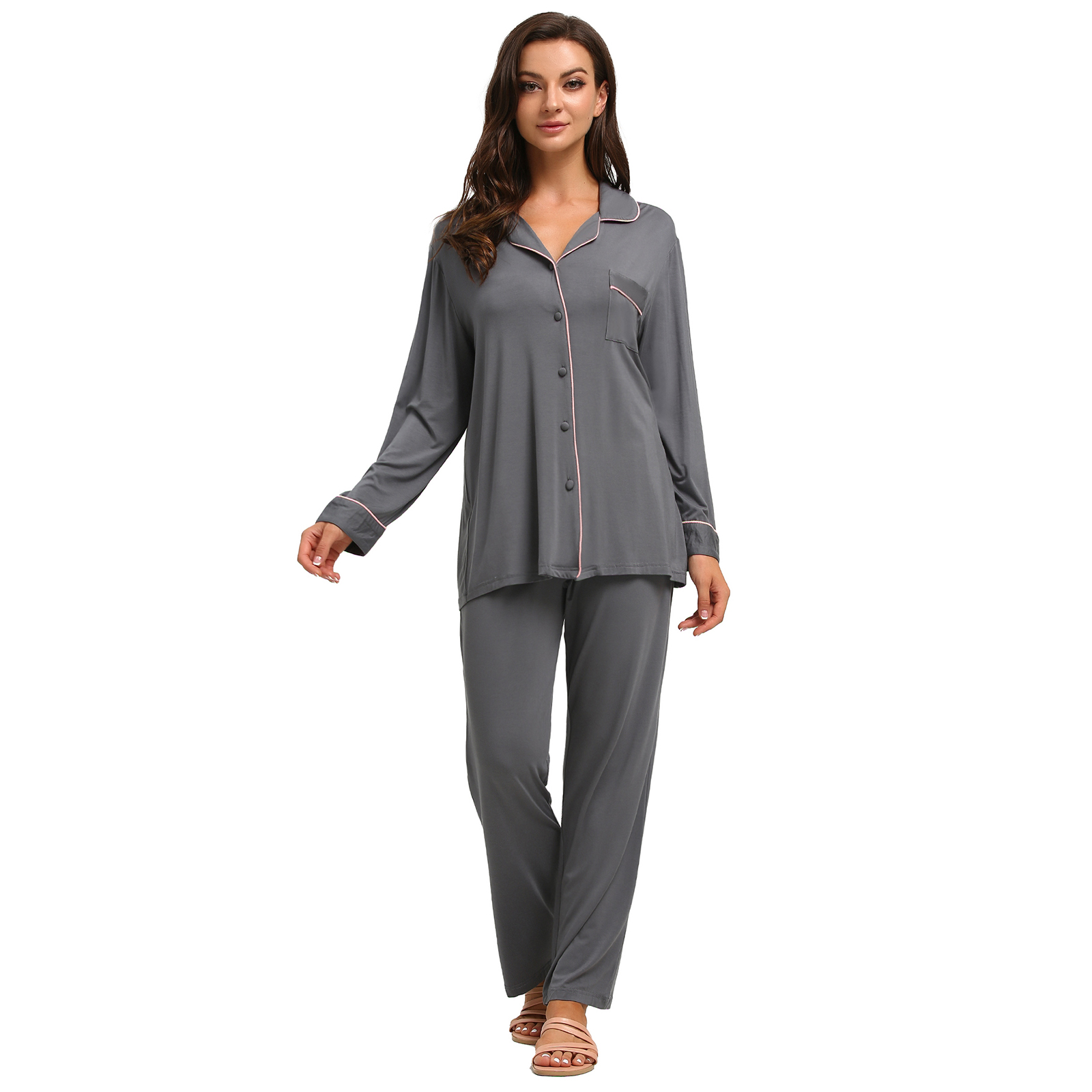 Baywell Women's Button Down Pajama Sets Long Sleeve Notch Collar Sleepwear Shirt with Long Pants