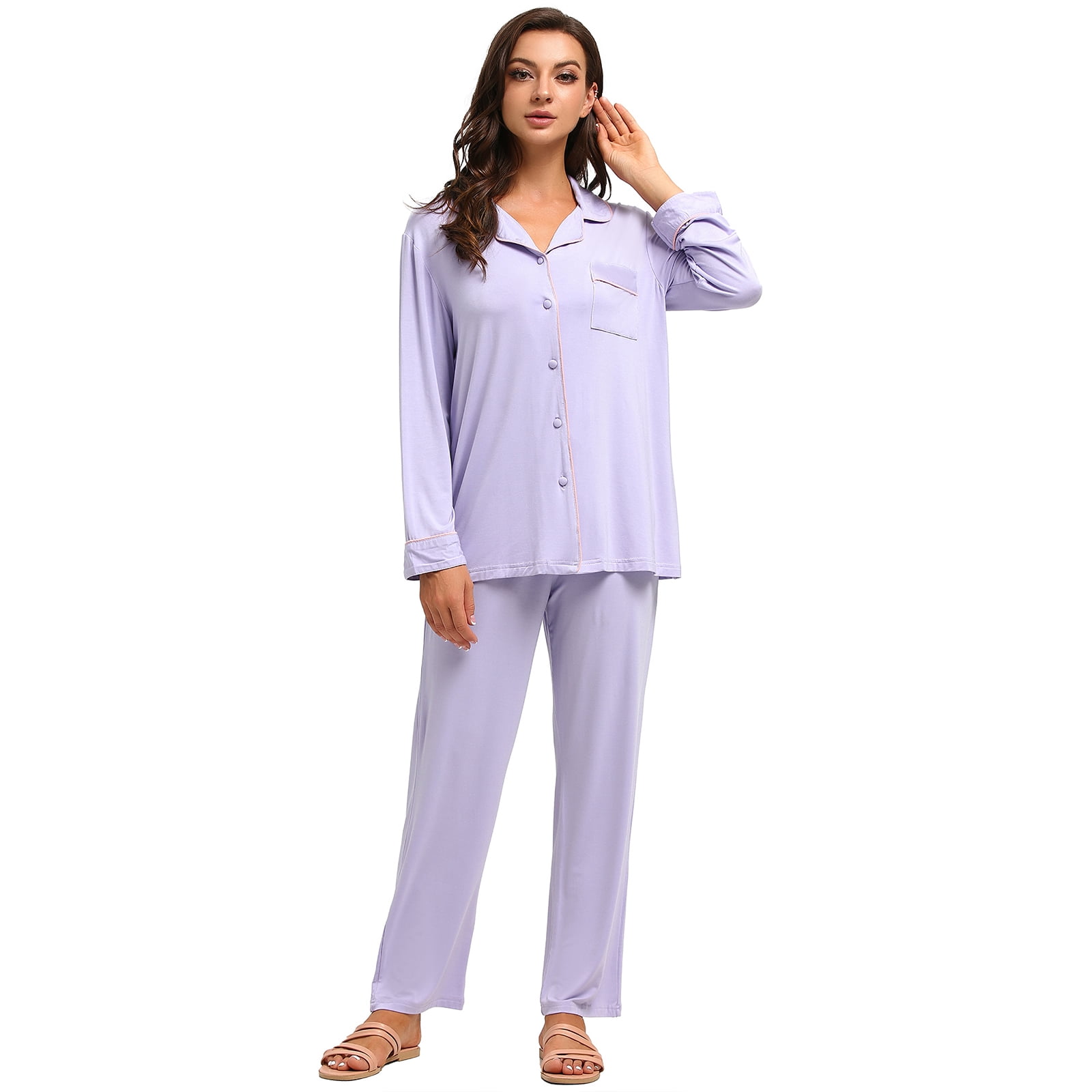 Baywell Women's Button Down Pajama Sets Long Sleeve Notch Collar Sleepwear Shirt with Long Pants