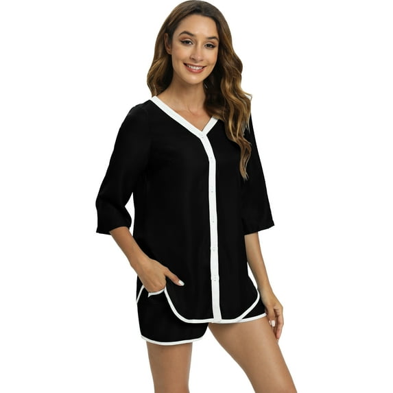 Baywell Women's Button Down Pajamas Set 3/4 Sleeve Tops Shorts V Neck Sleepwear Soft Silk Satin Pjs Loungewear Set Contrast Color Lounge Pjs Shorts Set with Pockets S-XXL