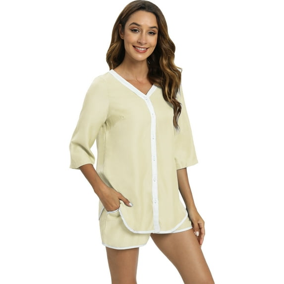 Baywell Women's Button Down Pajamas Set 3/4 Sleeve Tops Shorts V Neck Sleepwear Soft Silk Satin Pjs Loungewear Set Contrast Color Lounge Pjs Shorts Set with Pockets S-XXL