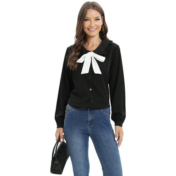 Baywell Women's Girl Peter Pan Collar Shirt Long Sleeve Bow Tie Work Blouses Ruffle Sailor Collar Button Down Business Shirts Kawaii Girls School Uniform Lady White Shirt Black Shirt, S-2XL