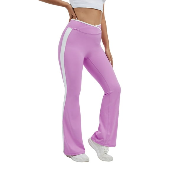 Baywell Women's High-Waist Crossover Yoga Pants Bootcut - 4-Way Stretch Breathable Contrast White Trim, Tummy Control Bootcut Leggings for Workout Gym