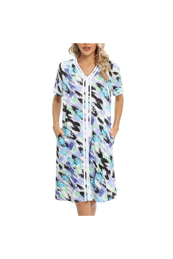 Women's House Dress with Pockets Short Sleeve V Neck Nightgown Pullover Sleepwear Printed Printed Patchwork Housecoat S-2XL