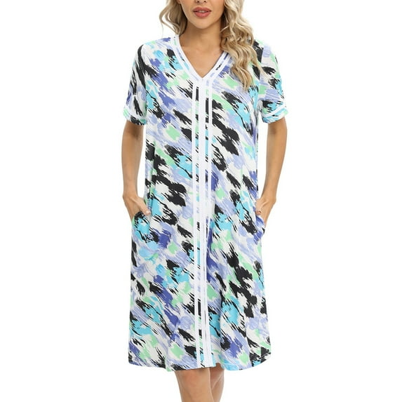 Baywell Women's House Dress with Pockets Short Sleeve V Neck Nightgown Pullover Sleepwear Printed Printed Patchwork Housecoat S-2XL