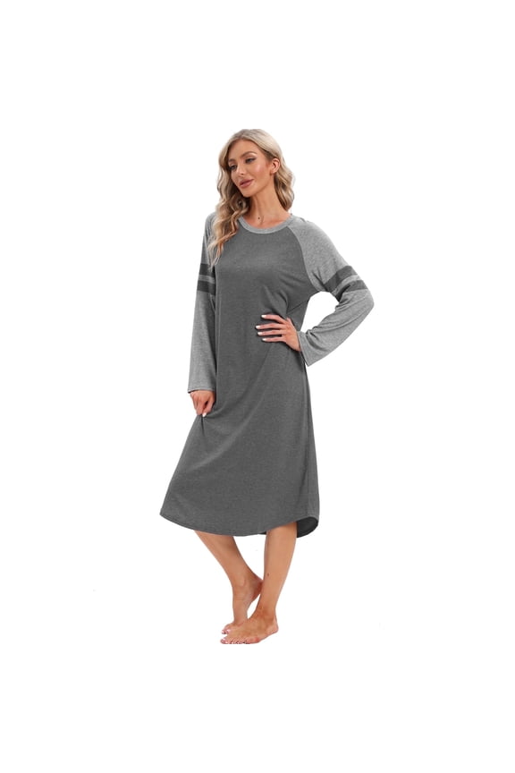 Women's Long Nightgowns Raglan Long Sleeve Crewneck Nightshirt Lounge Dress Oversized Sleepwear Full Length Pajamas Dress Ultra-Soft Nightdress S-3XL