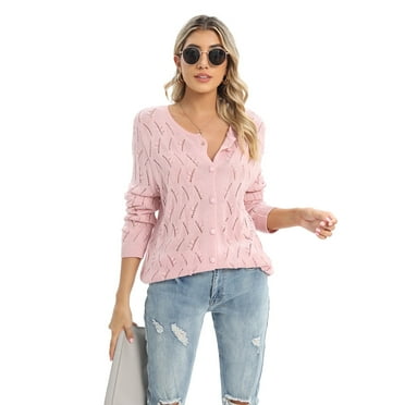 Baywell Women's Long-Sleeve Knit Button Down Cardigan Sweater, Pink, US 8