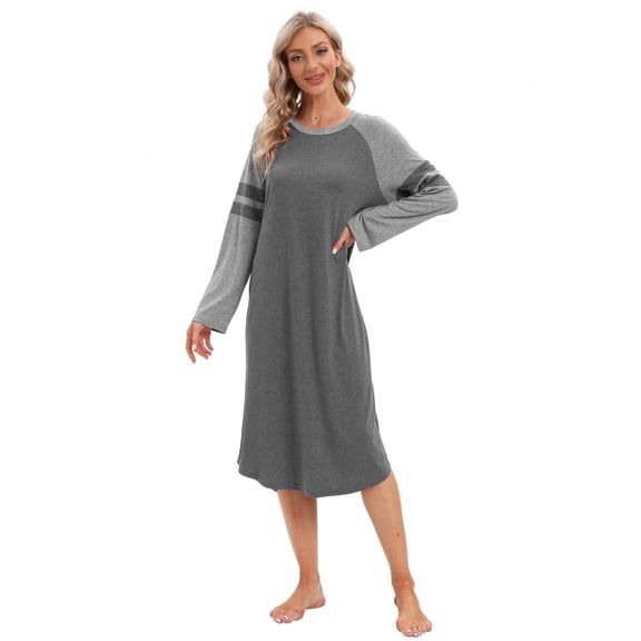 Baywell Women's Long Sleeve Long Nightgown Color Block Raglan Sleeve Sleepwear Crew Neck Loungewear Full Length Nightshirt Loose Casual Sleep Dress S-3XL