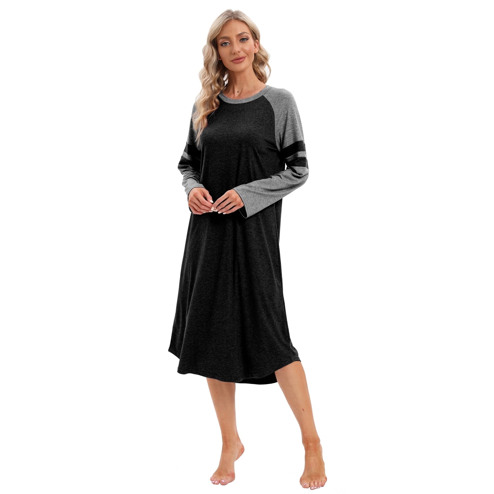 Baywell Women's Long Sleeve Long Nightgown Color Block Raglan Sleeve ...