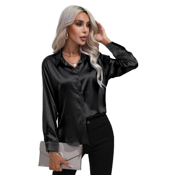 Baywell Women's Long Sleeve Satin Button Down Shirts Lapel Collar Office Work Blouses Shirts V Neck Casual Business Satin Silk Blouses Tops , S-2XL