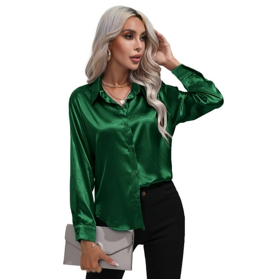 Baywell Women's Long Sleeve Satin Button Down Shirts Lapel Collar Office Work Blouses Shirts V Neck Casual Business Satin Silk Blouses Tops , S-2XL