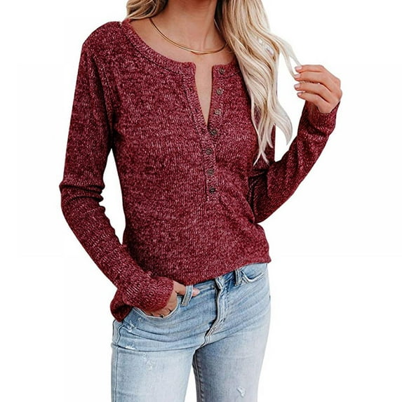 Baywell Women's Long Sleeve V-Neck Button Loose Casual Henley Tunic Tops T Shirt Red S