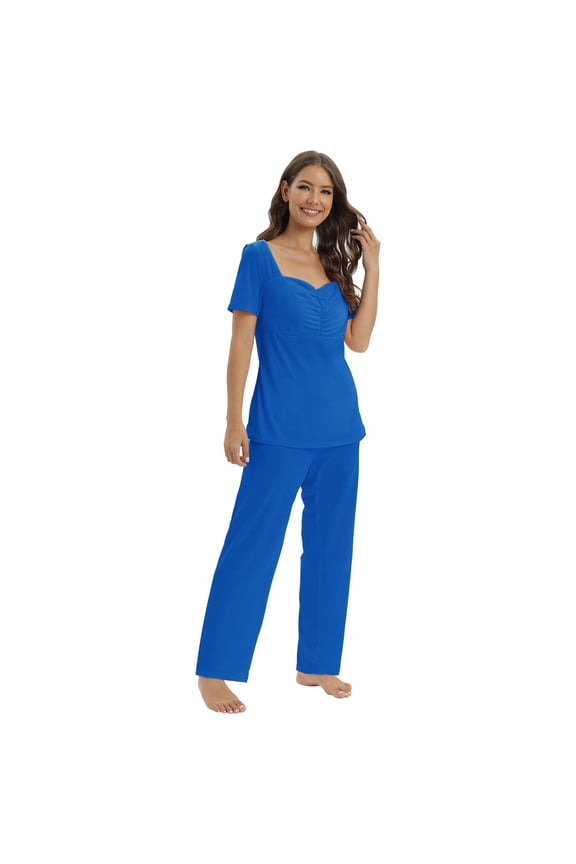 Women's Maternity Nursing Pajamas Set with Adjustable Waist Bnad Soft Pregnancy Breastfeeding Pj Set Blue S-2XL