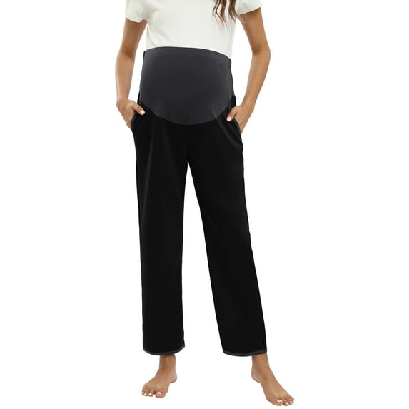 Baywell Women's Maternity Pajama Pants with Pockets Sweatpants Lounge Long Pants Over Belly Black S-2XL