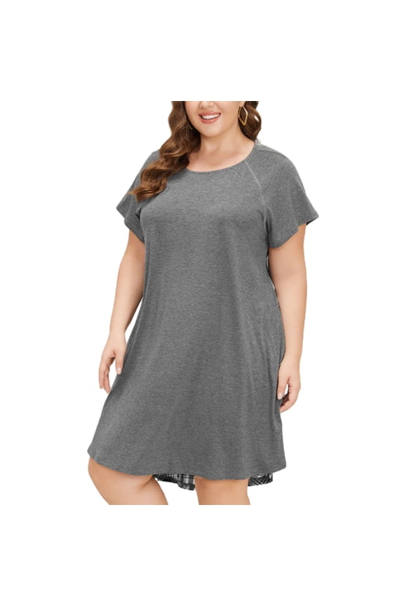 Women's Oversized Nightgowns Short Sleeve Sleep Shirt Back Plaid Patchwork Sleep Dress Asymmetrical Hem Loose Fit Nightshirt Lounge Dress, S-2XL