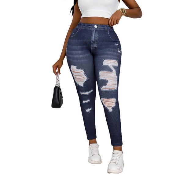 Baywell Women's Plus Size Faux Denim Print Leggings - High Waist Stretchy Tight Pants for Outer Wear, Slim-Fitting Body-Shaping Bottoms XL-4XL