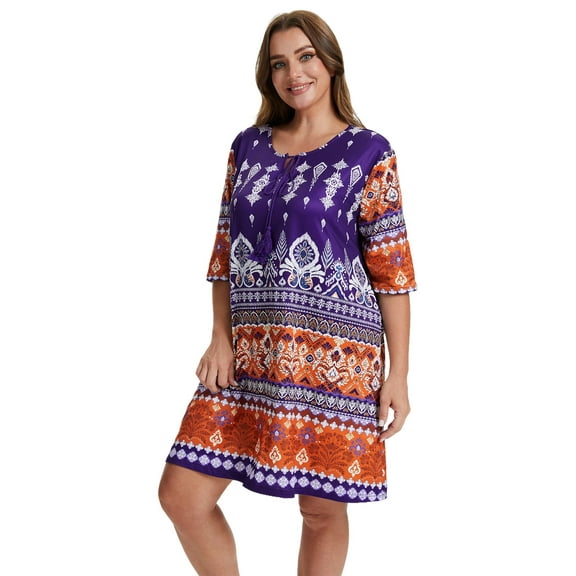Baywell Women's Plus Size Floral Printed V Neck Beach Dress Elbow-Length Sleeve Casual Loungewear Dresses