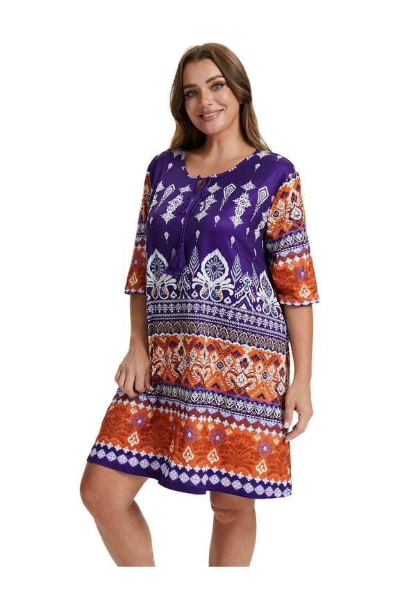 Women's Plus Size Floral Printed V Neck Beach Dress Elbow-Length Sleeve Casual Loungewear Dresses