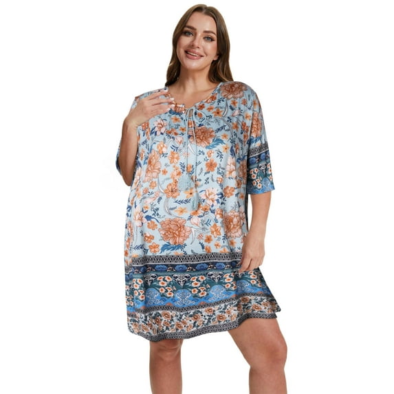 Baywell Women's Plus Size Floral Printed V Neck Beach Dress Elbow-Length Sleeve Casual Loungewear Dresses