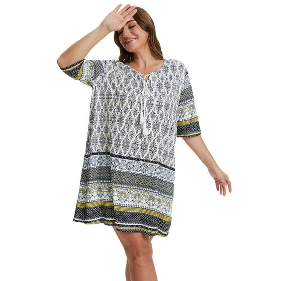 Baywell Women's Plus Size Floral Printed V Neck Beach Dress Elbow-Length Sleeve Casual Loungewear Dresses