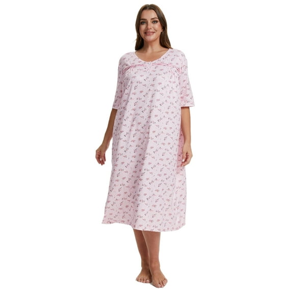 Baywell Women's Plus Size Mid-length Floral Printed Sleepshirt Short Sleeves Pleated Nightgowns Buttons Sleepdress Casual Loungewear XL-5XL