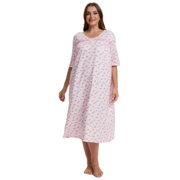 Baywell Women's Plus Size Mid-length Floral Printed Sleepshirt Short Sleeves Pleated Nightgowns Buttons Sleepdress Casual Loungewear XL-5XL