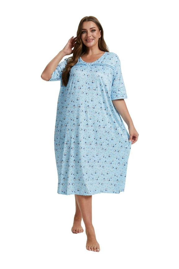 Women's Plus Size Mid-length Floral Printed Sleepshirt Short Sleeves Pleated Nightgowns Buttons Sleepdress Casual Loungewear XL-5XL