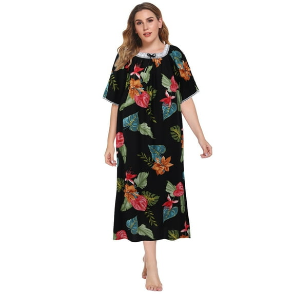 Baywell Women's Plus Size Nightgown Sleepwear Long Nightdress Short Sleeve House Dress Vintage Lace Square Neck Night Gown Oversized Soft Full Length Sleep Dress Loose Lounge Dress XL-5XL