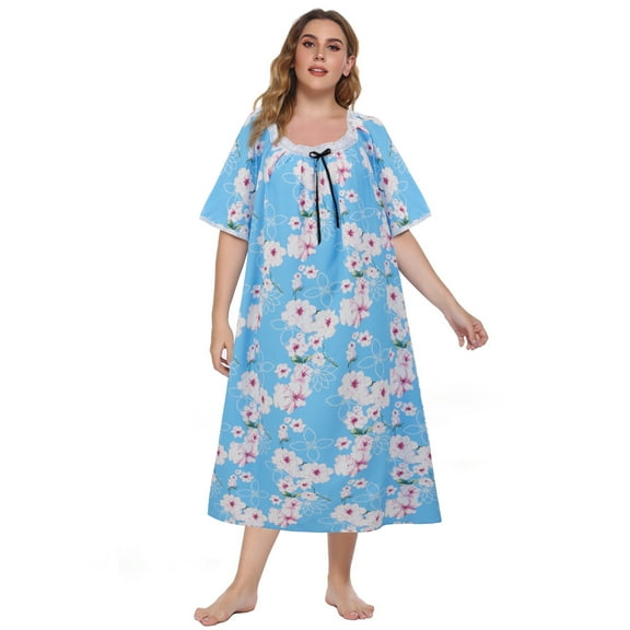 Baywell Women's Plus Size Nightgown Sleepwear Long Nightdress Short Sleeve House Dress Vintage Lace Square Neck Night Gown Soft Full Length Sleep Dress Mumu Dresses XL-5XL