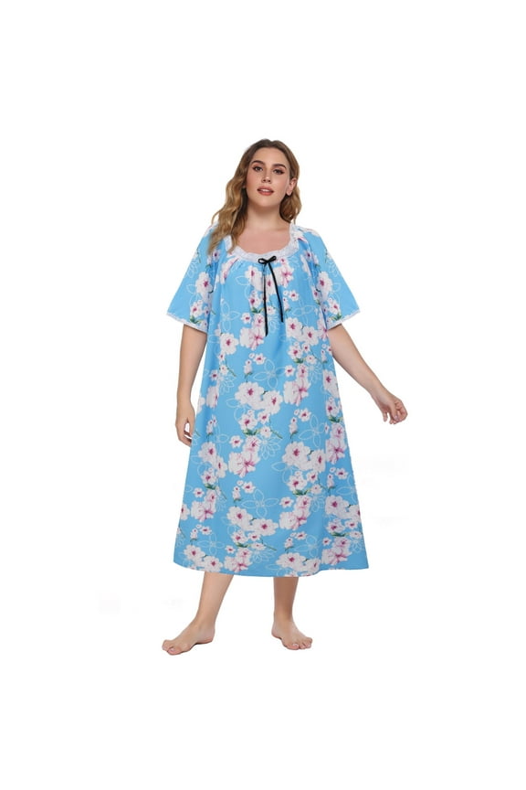 Women's Plus Size Nightgown Sleepwear Long Nightdress Short Sleeve House Dress Vintage Lace Square Neck Night Gown Soft Full Length Sleep Dress Mumu Dresses XL-5XL