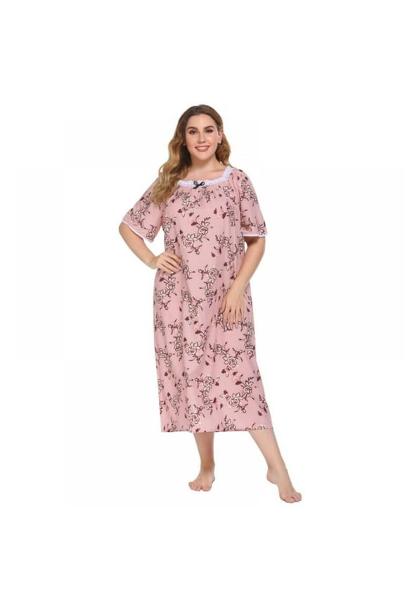 Women's Plus Size Nightgown Sleepwear Short Sleeve House Dress Vintage Lace Square Neck Plus Size Mumu Dress Soft Long Sleepdress Loose Lounge Dress XL-5XL